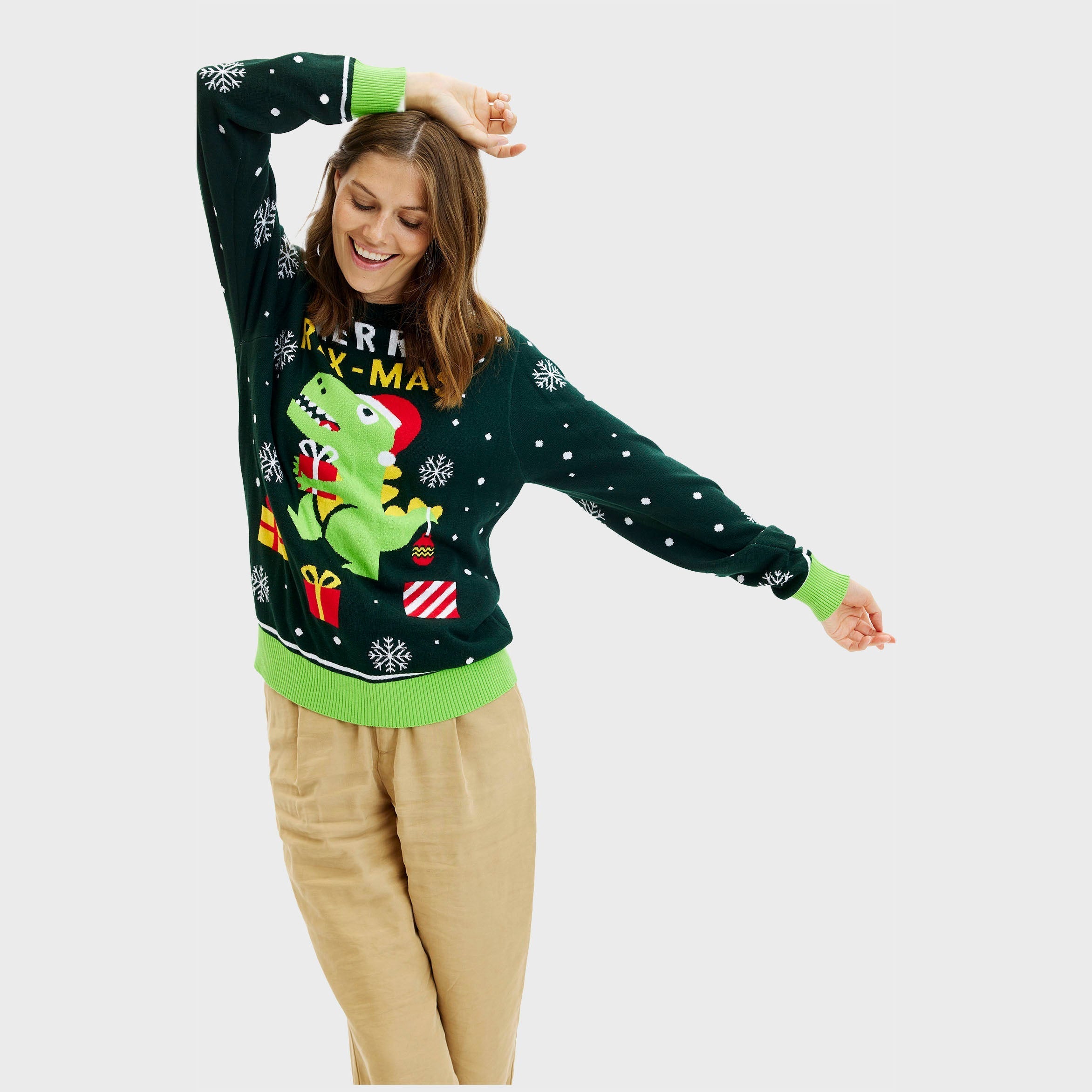 Niedlicher Dino-Weihnachtspullover – Damen.