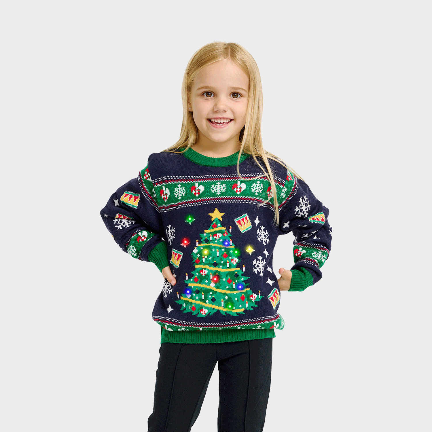 Weihnachtspulli Mit Weihnachtsbaum LED Navy - Kinder