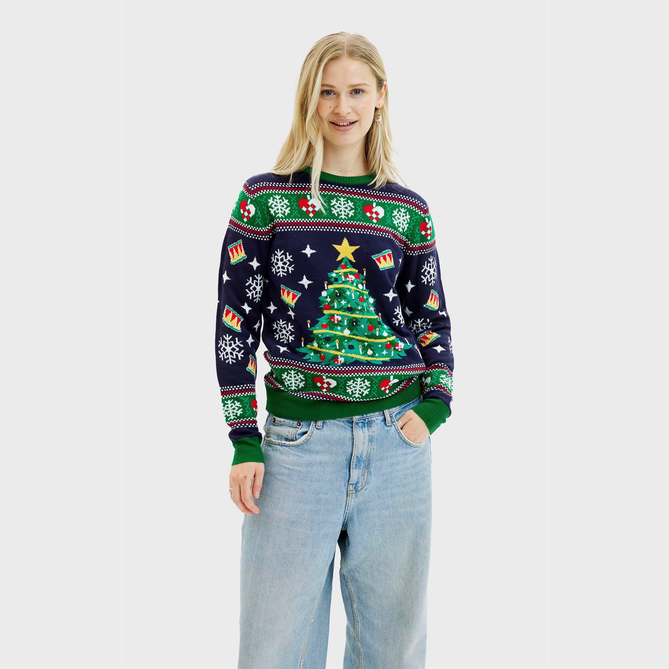 Weihnachtspulli Mit Weihnachtsbaum LED Navy - Damen